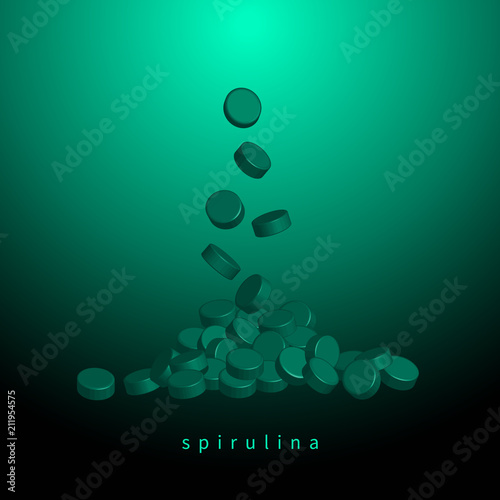 Spirulina tablets algae nutritional supplement. Spirulina, chlorophyll, or chlorella tablets. Design element for packaging. Flat vector illustration