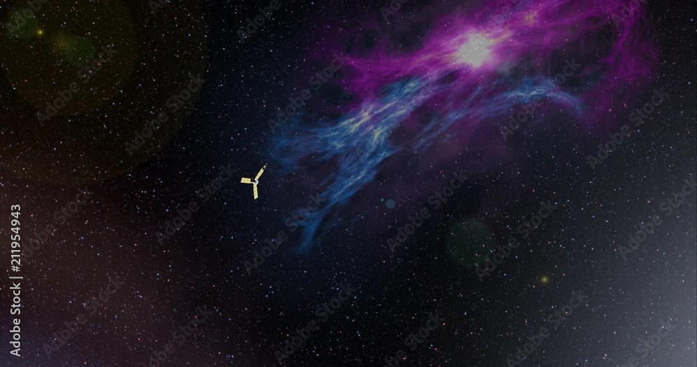 Long shot with lens effects and nebulae: the Juno spacecraft travelling through empty space . Reversible, can be rotated 180 degrees. Elements of this image furnished by NASA.