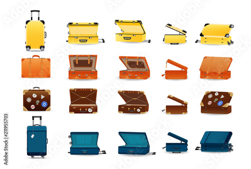 Large set of plastic, leather and metal travel suitcases.