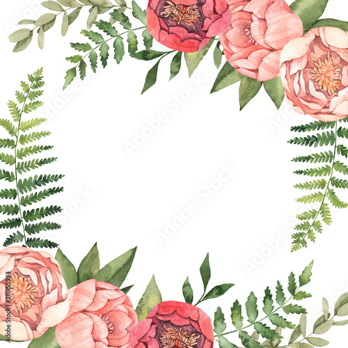 Watercolor illustration. Botanical frame with green leaves, herbs, branches and peonies. Fern, eucalyptus. Floral compositions. Perfect for wedding invitations, greeting cards, posters, prints, web