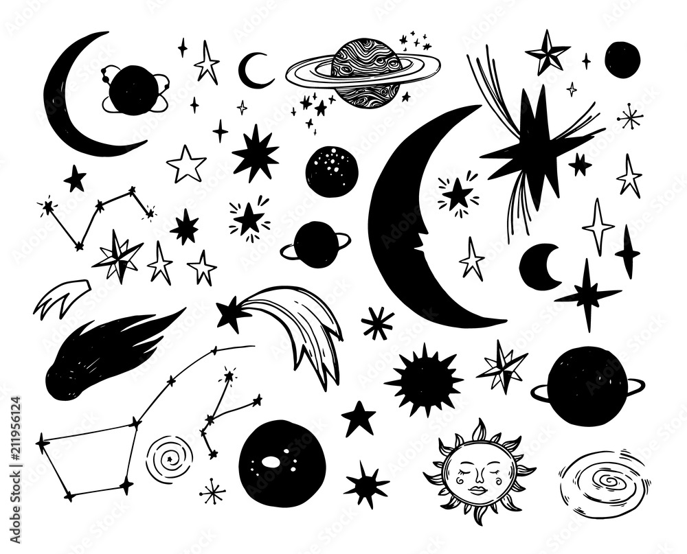 Set of doodle hand drawn. Elements of star, cactus, cloud, sun