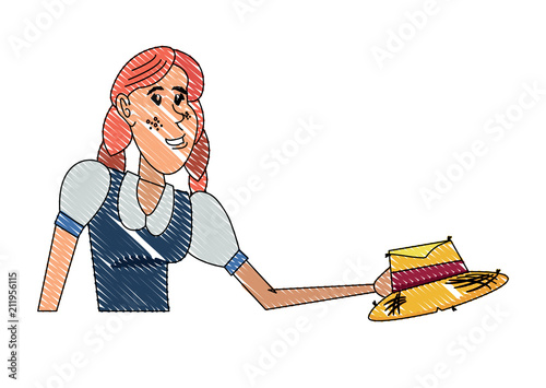 Cartoon farmer woman with peasant hat icon over white background, colorful design. vector illustration