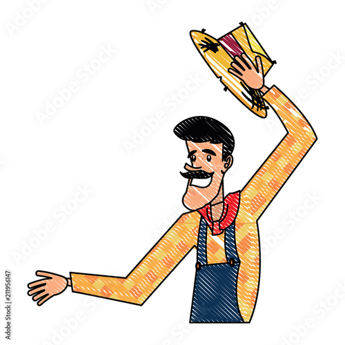 cartoon farmer man with a peasant hat icon over white background, vector illustration