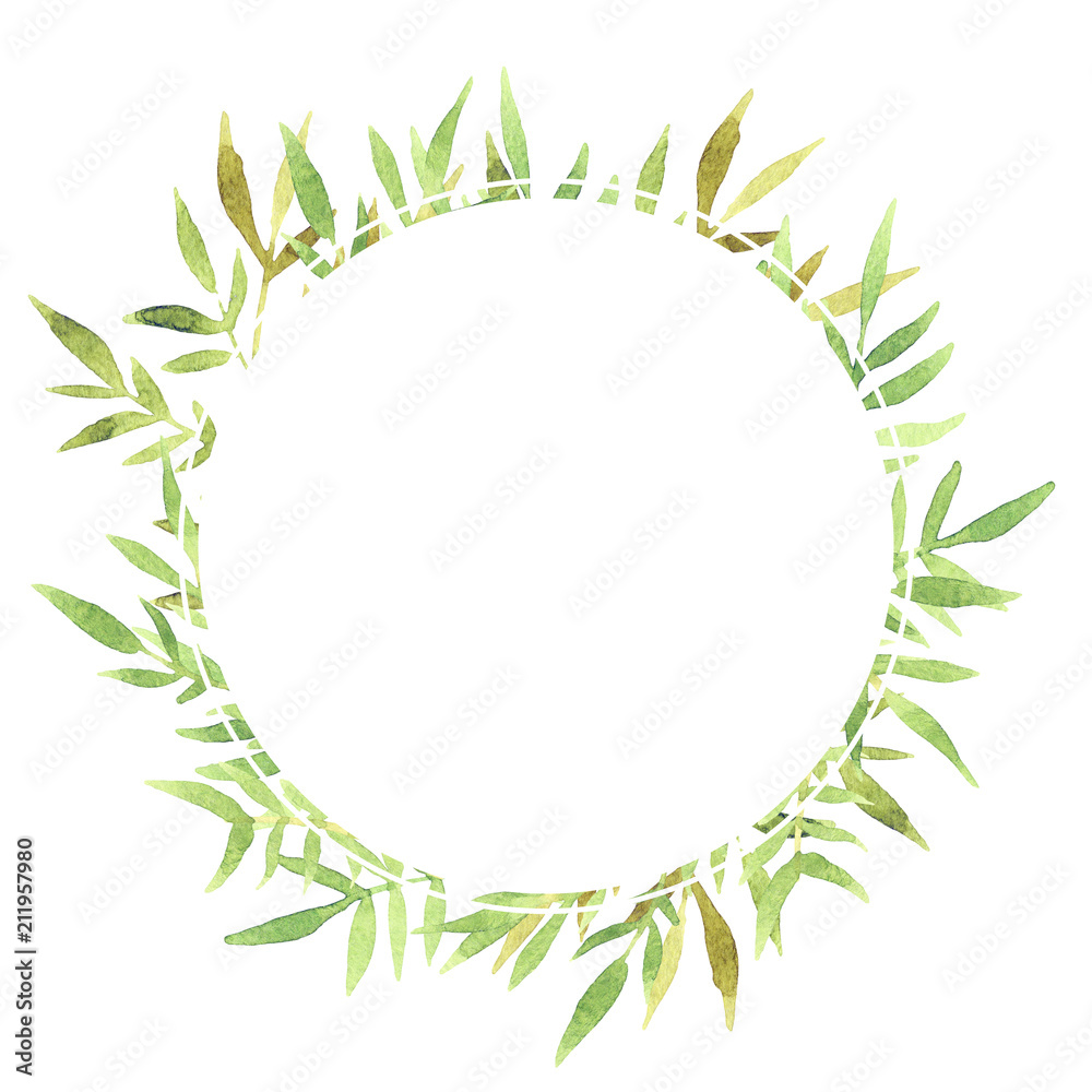 Round watercolor frame with green leaves on a white background