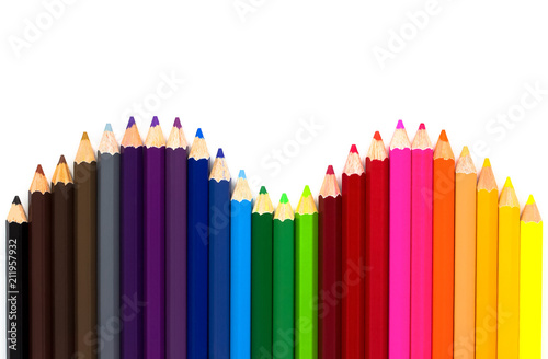 Color pencils isolated on white background with copy space.Close up,top view