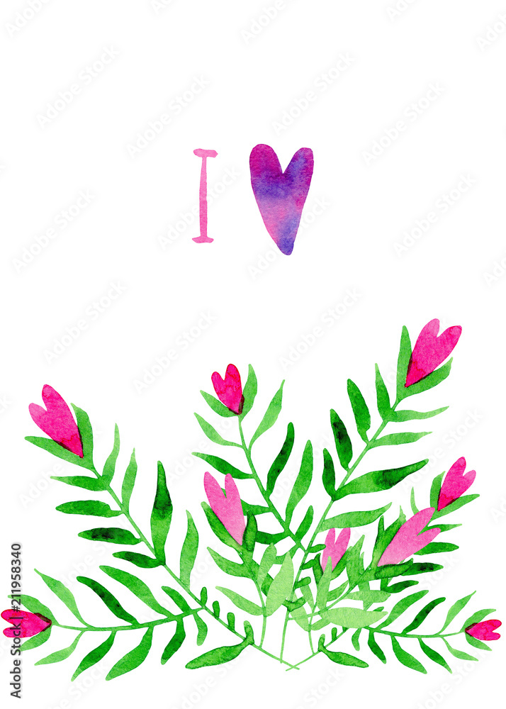 card with beautiful small flowers and hearts on a white background. watercolor illustration card with beautiful small flowers and hearts on a white background. watercolor illustration