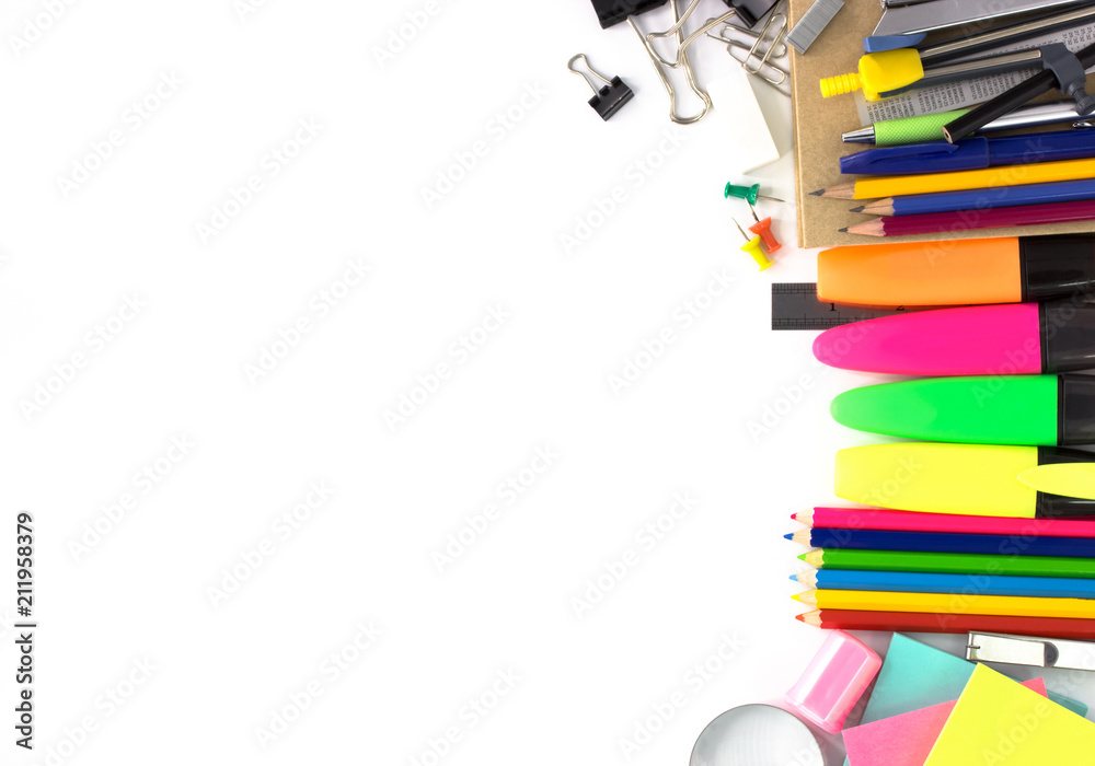 stationery accessories isolated on white background,Office supplies products,top view with copy space stationery accessories isolated on white background,Office supplies products,top view with copy space