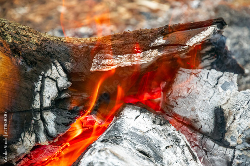 Campfire, burning wood at a campsite in England photo