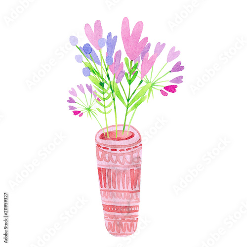 Fototapeta Naklejka Na Ścianę i Meble -  delicate little pink flowers in a high vase with ornament. watercolor illustration