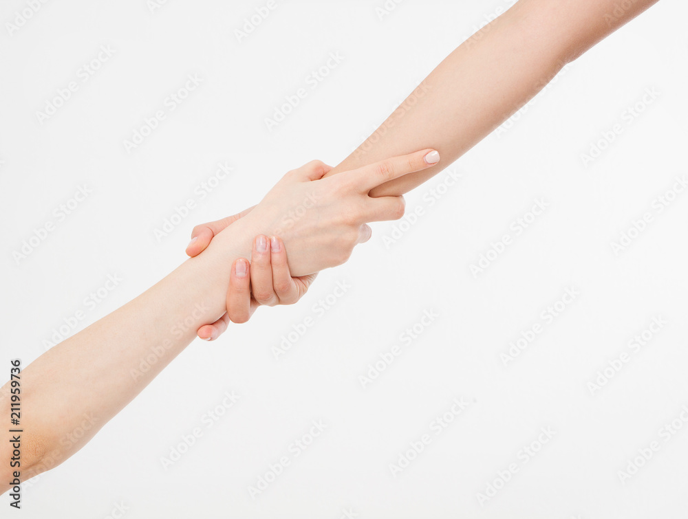 Two hands isolated. Helping hand to a friend. Copy space. Rescue or helping gesture of arms.