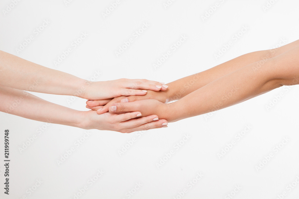 Two people holding hands for comfort isolated. Copy space. Mock up.