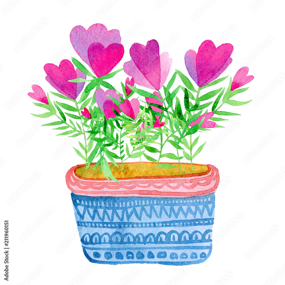 Obraz premium stylized beautiful pink flowers in a blue pot with ornament. watercolor illustration