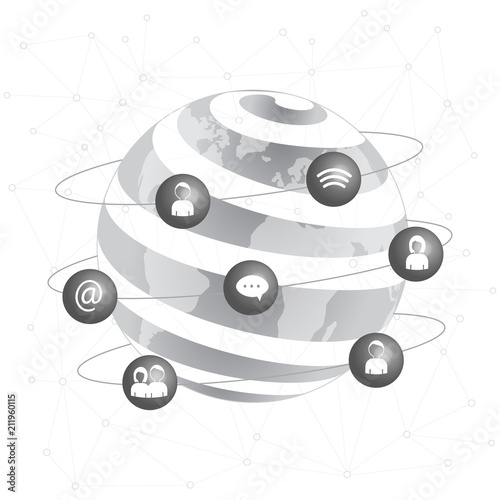 Worldwide connection concept.  Global communications network. Globe on High-tech technology background texture in gray. Stock vector. Vector illustration EPS10.  