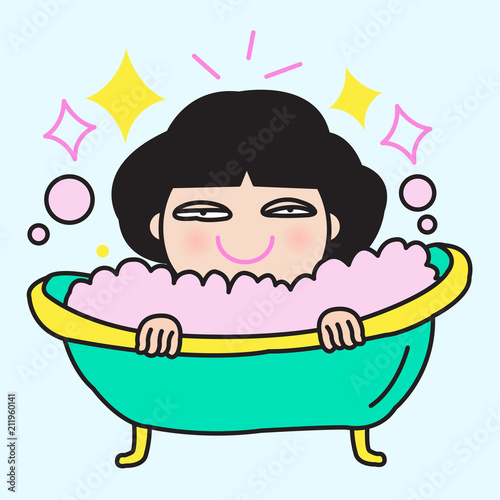 Young Tired Woman Resting And Pampering In A Bubble Bath Concept Card Character illustration