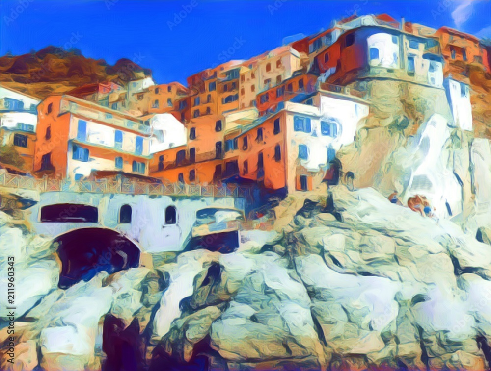 View on Corniglia, Cinque Terre. Italian old architecture. Big size oil painting fine art. Modern impressionism drawn artwork. Creative artistic print for canvas or paper. Poster or postcard design.