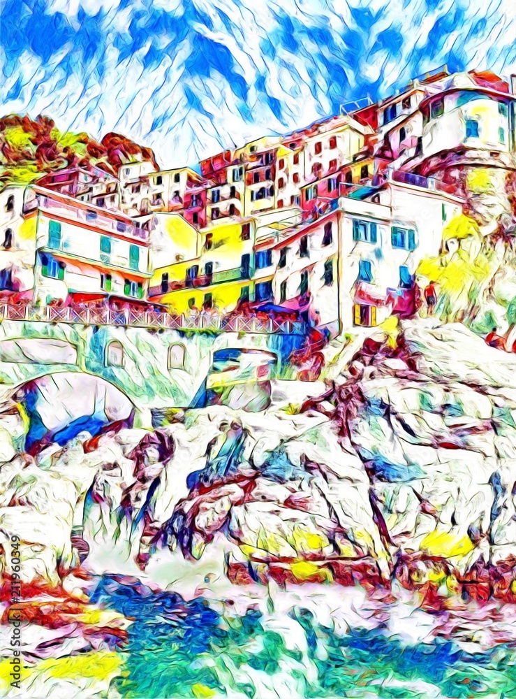 Beauty view on Vernazza, Cinque Terre. Italian small city near sea. Big size oil painting fine art. Modern impressionism drawn artwork. Creative artistic print for canvas or paper. Poster or postcard.