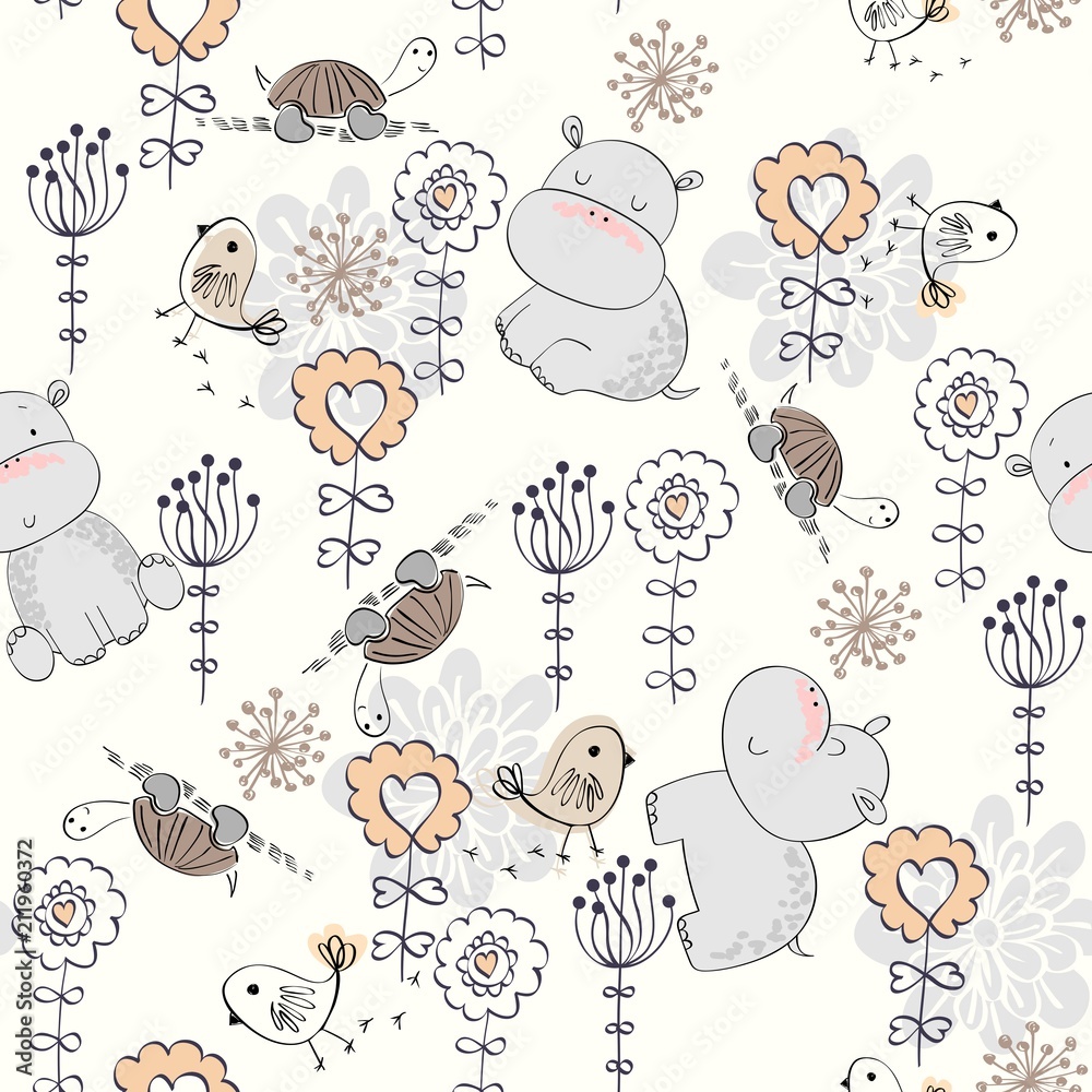 custom made wallpaper toronto digitalVector hand drawn seamless pattern with flowers and hippos