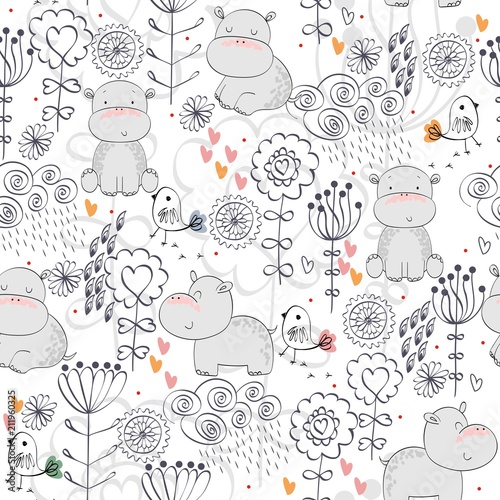 Wallpaper Mural Vector hand drawn seamless pattern with flowers and hippos Torontodigital.ca