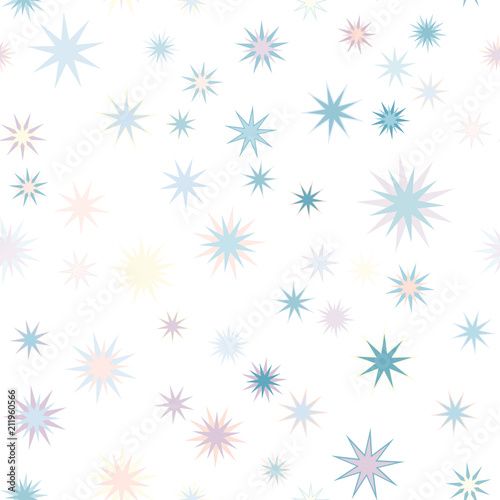 Seamless vector repetitive background with multicolored stars on white background.