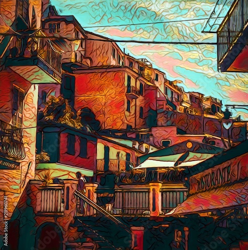 View of small Italian resort town, Cinque Terre. Tourism in Italy. Traditional houses. Big size oil painting fine art. Modern impressionism drawn artwork. Creative artistic print for canvas or poster.