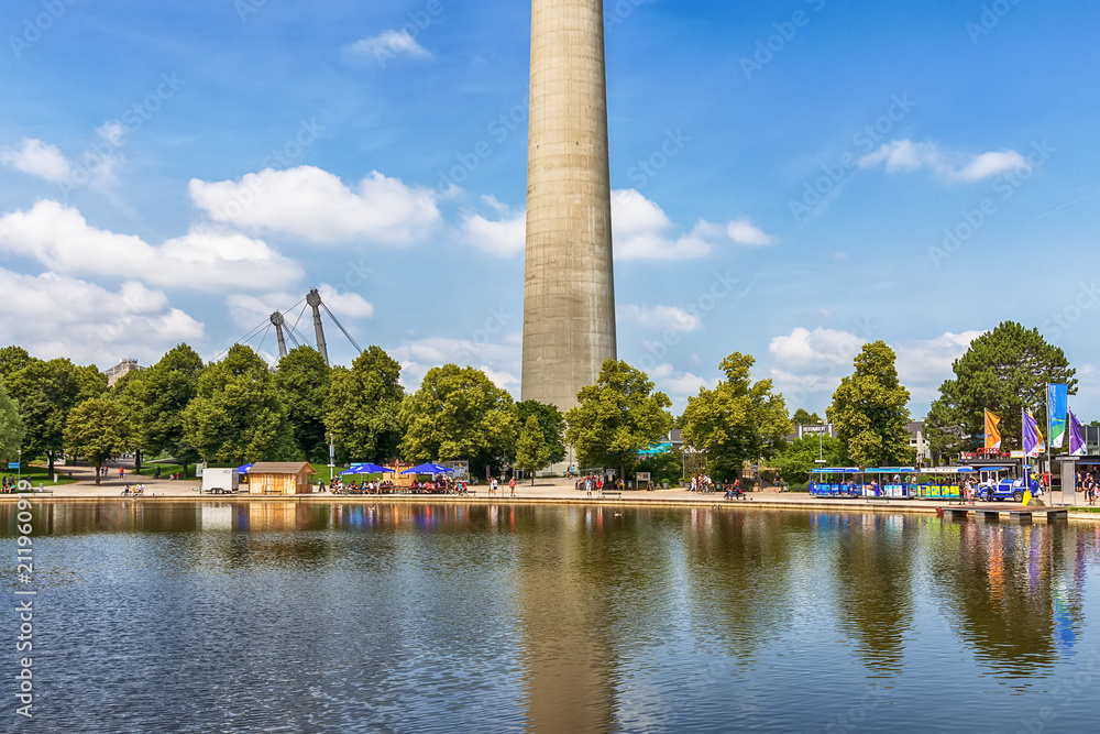 Naklejka premium Munich, Germany - June 09, 2018: The Olympiapark and lake in Munich, Germany
