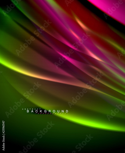 Neon glowing wave  magic energy and light motion background. Vector wallpaper template