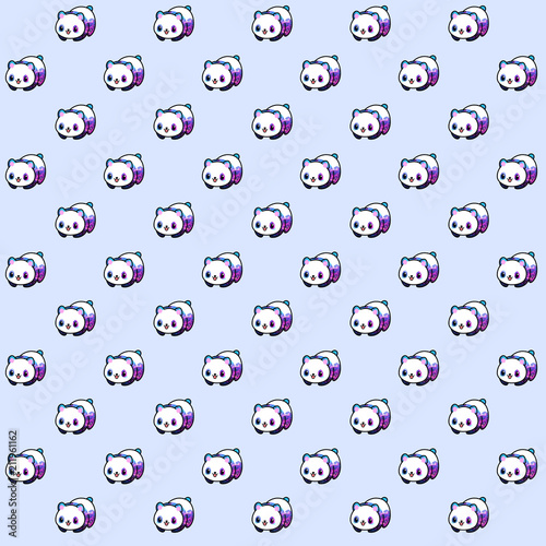 Pattern based on a kawaii illustration of a minimalist cute panda bear in tones pink, purple, lilac and blue. Pattern over a lilac pastel background.