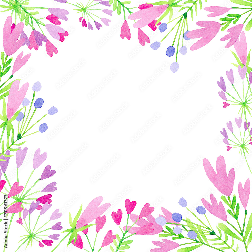 Watercolor frame with stylized pink flowers and hearts on a white background