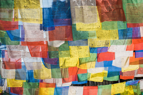 Tibetan Buddhist pray flags suspended over thamel, Nepal
