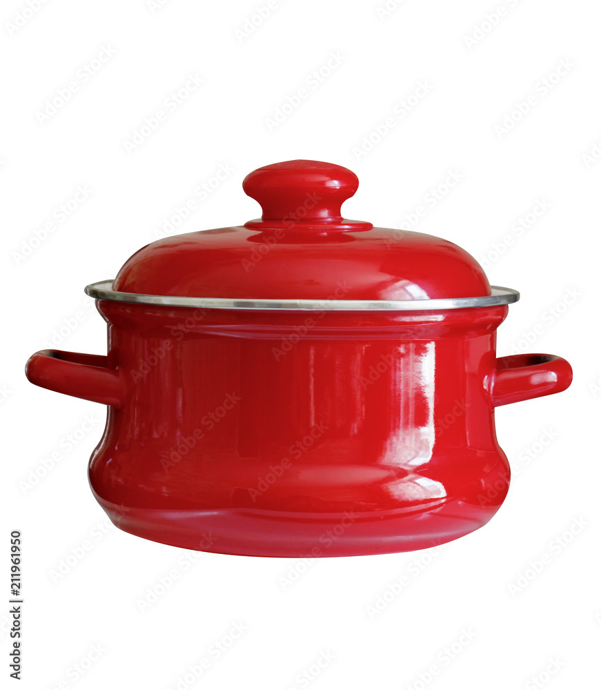 Casserole of red color with a lid isolated on a white background