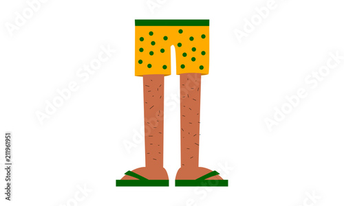 No pants concept. A pair of male or female hairy legs wearing green slippers and yellow shorts.