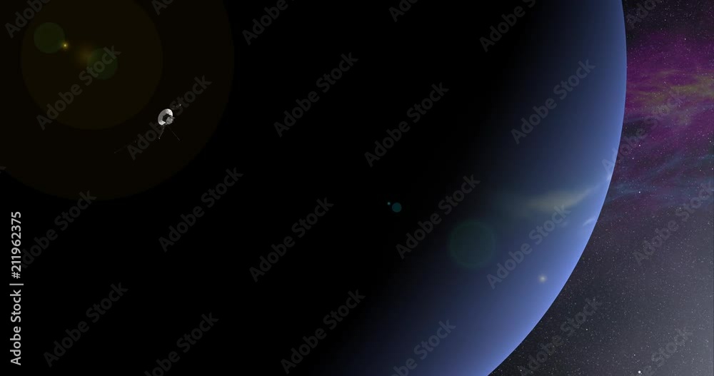 Long shot with lens effects and nebulae: the Voyager spacecraft in orbit around Neptune. Reversible, can be rotated 180 degrees. Elements of this image furnished by NASA.