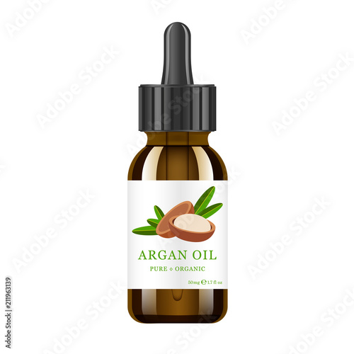 Realistic brown glass bottle with argan extract. Beauty and cosmetics oil - argan. Product label and logo template. Isolated vector illustration.