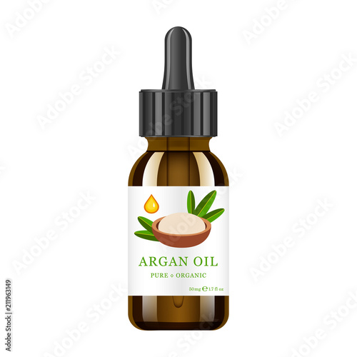 Realistic brown glass bottle with argan extract. Beauty and cosmetics oil - argan. Product label and logo template. Isolated vector illustration.