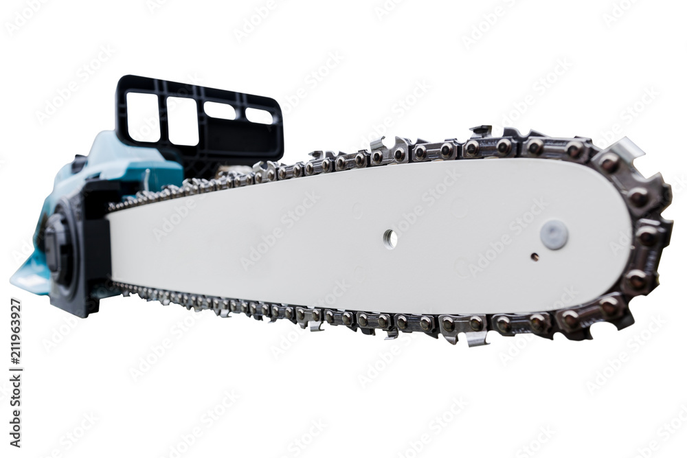 Professional chainsaw isolated on white background. New chainsaw saw  isolated on white. Close-up of woodcutter sawing chain saw. Professional  chainsaw blade cutting. Photos | Adobe Stock