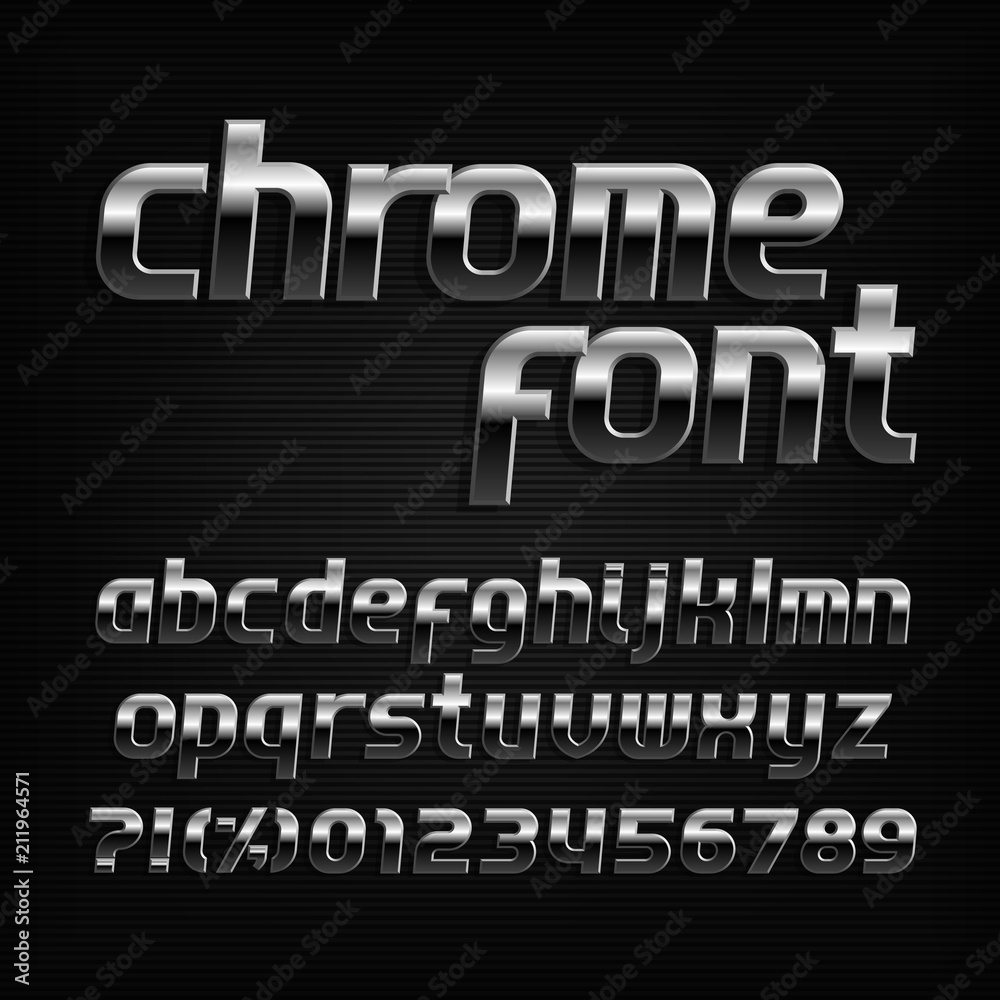 Chrome alphabet font. Metal effect small caps letters and numbers. Stock vector typeface for typography design.