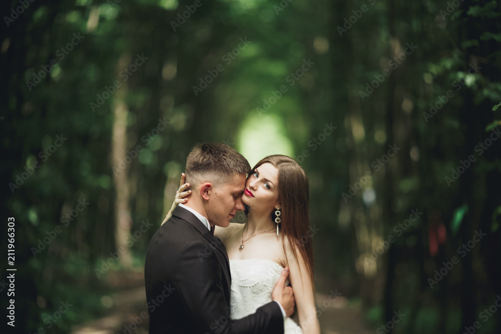 Fototapeta premium Happy wedding couple charming groom and perfect bride posing in park