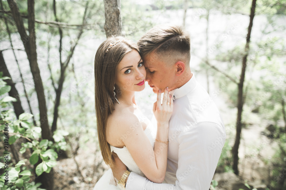 Fototapeta premium Kissing wedding couple staying over beautiful landscape