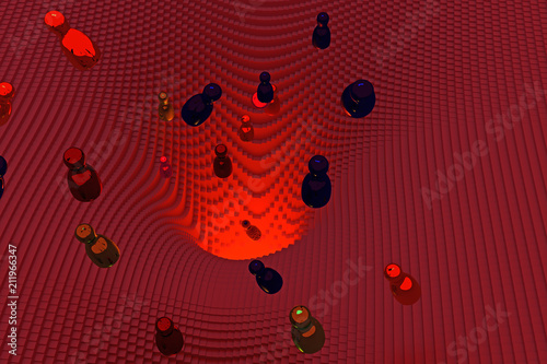 3d-Illustration von frei fallenden, glänzenden Figuren (Rotationskörper) über einer Landschaft von Potentialtrichtern, die aus Hunderten von länglichen Quadern mit quadratischer Grundfläche besteht