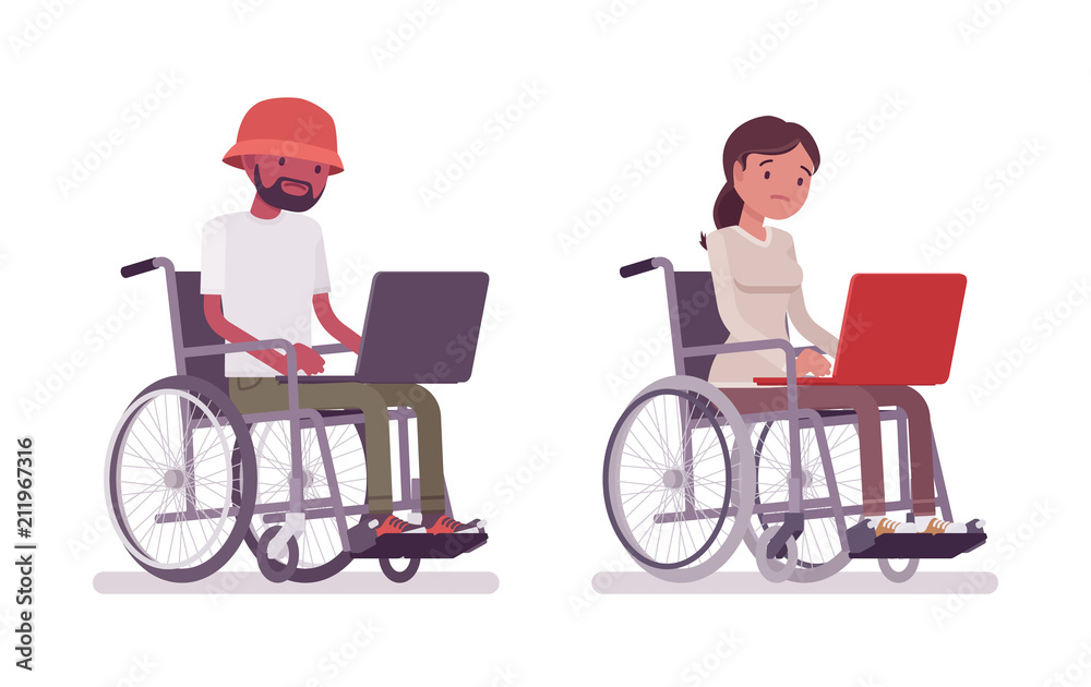 Male and female young wheelchair user working with laptop Male and female young wheelchair user working with laptop