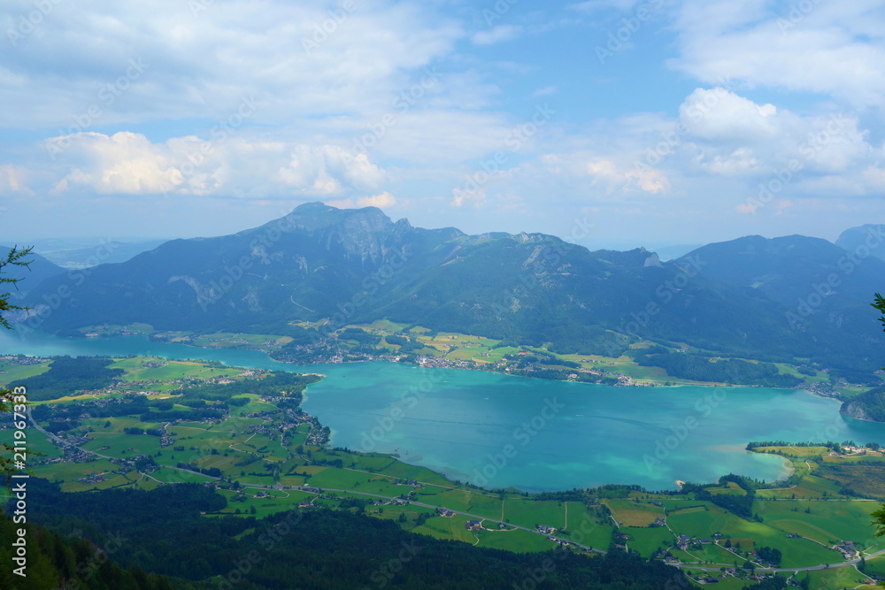 Fototapeta premium View from the top of the mountain called Bleckwand overlooking Wolfgangsee in Austria, Europe