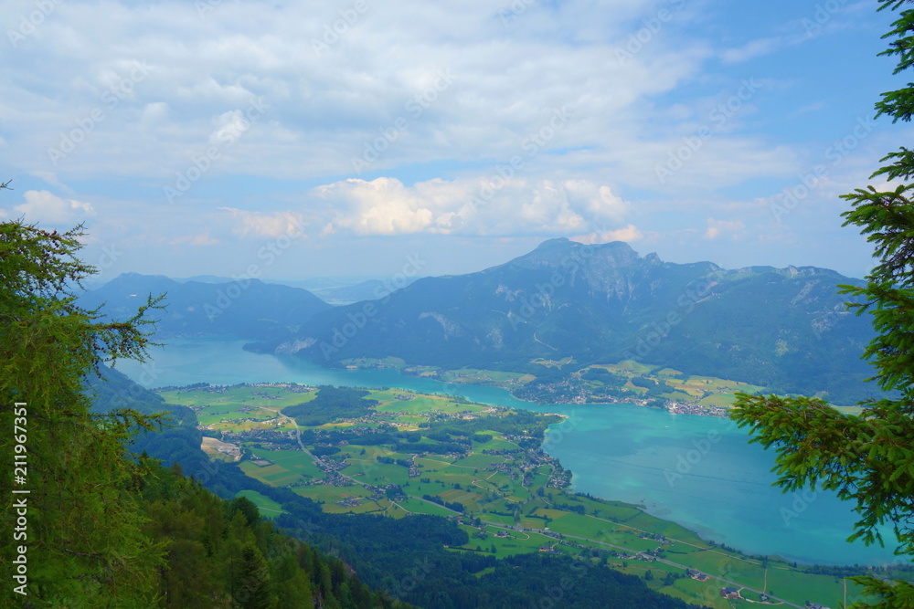 View from the top of the mountain called Bleckwand overlooking Wolfgangsee in Austria, Europe View from the top of the mountain called Bleckwand overlooking Wolfgangsee in Austria, Europe