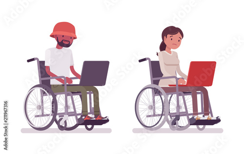 Male and female young wheelchair user working with laptop