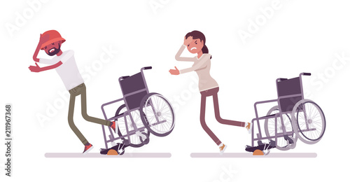 Male, female wheelchair user tripping over on street