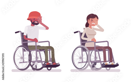 Male, female young wheelchair user face palm gesture