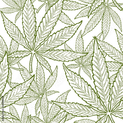 Seamless pattern with marijuana leaf. Vintage black vector engraving illustration