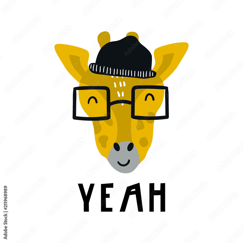 Yeah - Cute hand drawn nursery poster with cool giraffe animal with glasses and a hat and with hand drawn lettering. Yeah - Cute hand drawn nursery poster with cool giraffe animal with glasses and a hat and with hand drawn lettering.