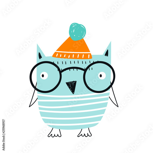 Cute hand drawn nursery poster with blue owl bird in glasses and a hat. Vector illustration in candinavian style