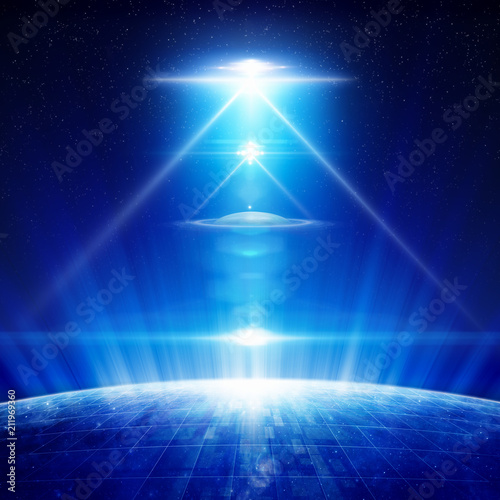 Abstract sci-fi background - ufo with bright spotlights above planet