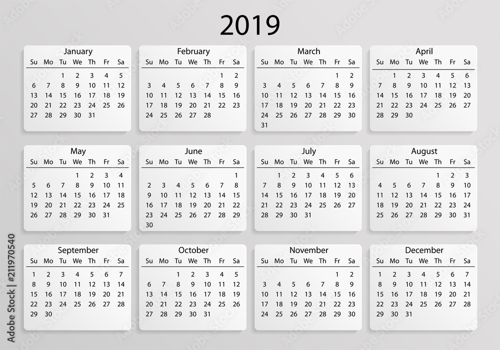 Calendar 2019. Calendar 3d realistic mock up 2019. Calendar grid on white background with shadow. Vector illustration AI10. Calendar 2019. Calendar 3d realistic mock up 2019. Calendar grid on white background with shadow. Vector illustration AI10.